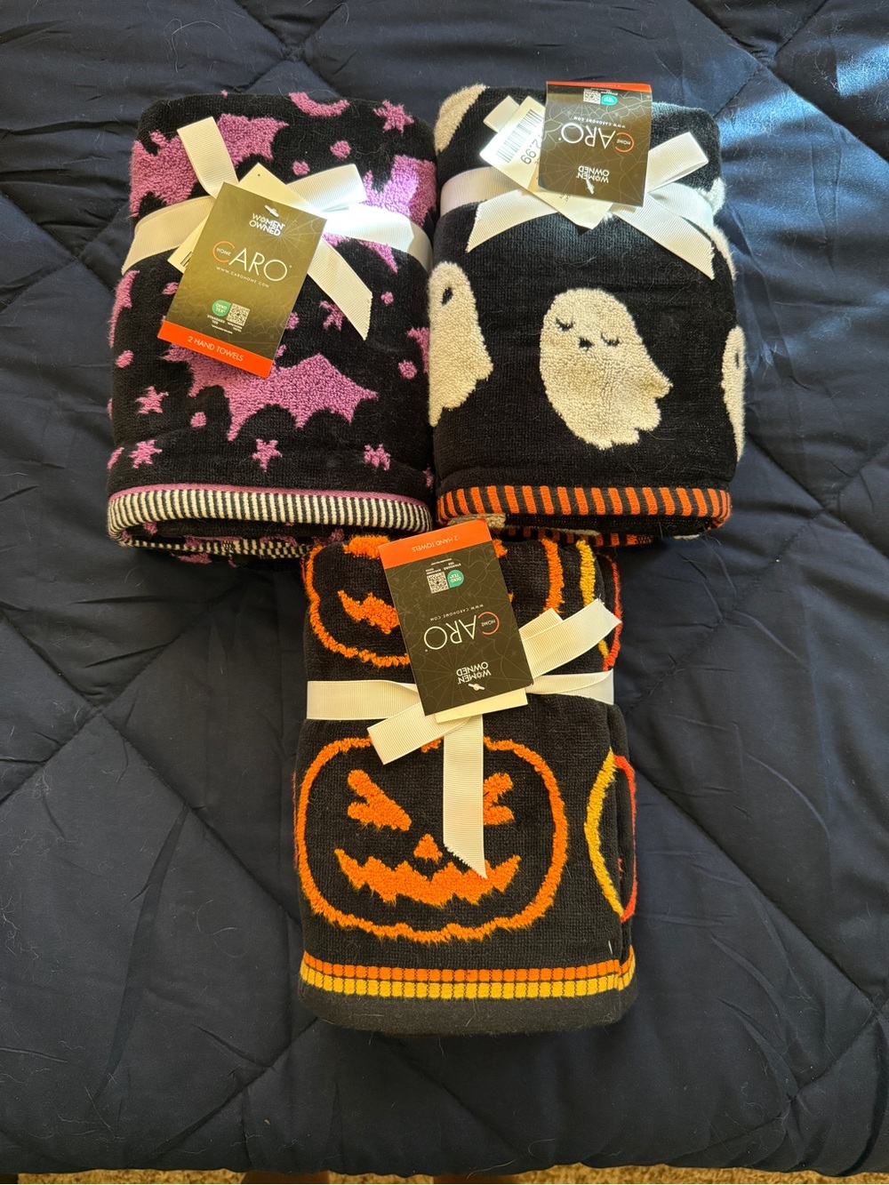 3 Sets of CARO Halloween Bathroom Hand Towels Pumpkin Ghost Bat